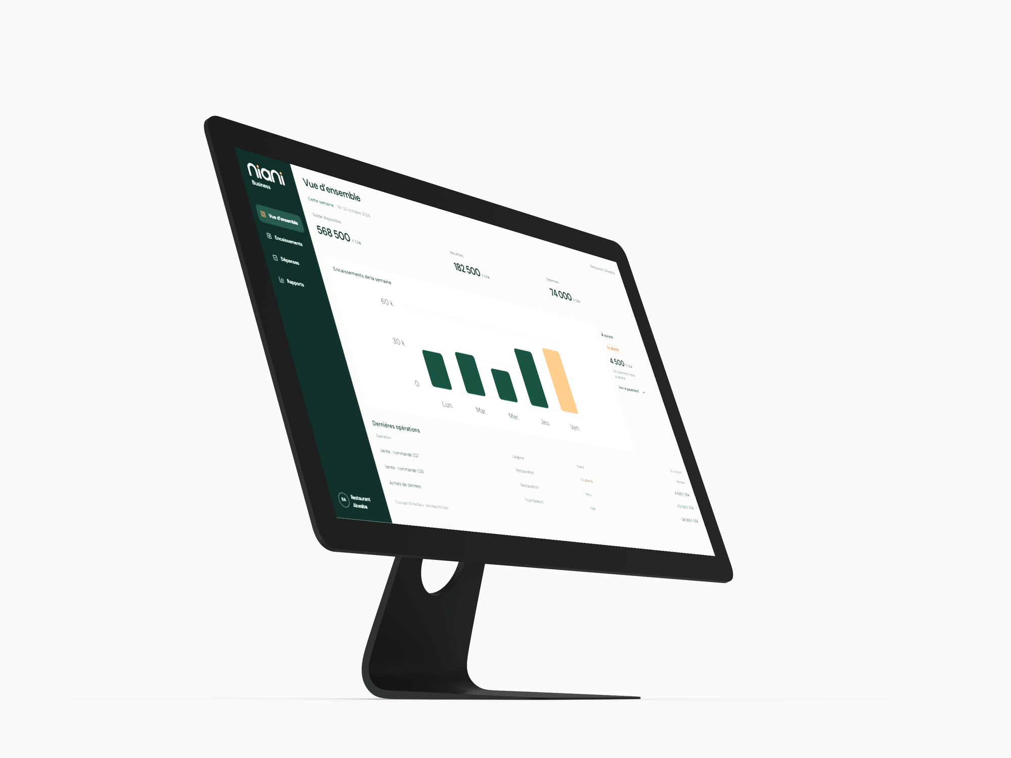 Concept Niani Business sur iMac : vue d’ensemble du Restaurant Akwaba, avec solde, recettes, dépenses et opérations fictives.